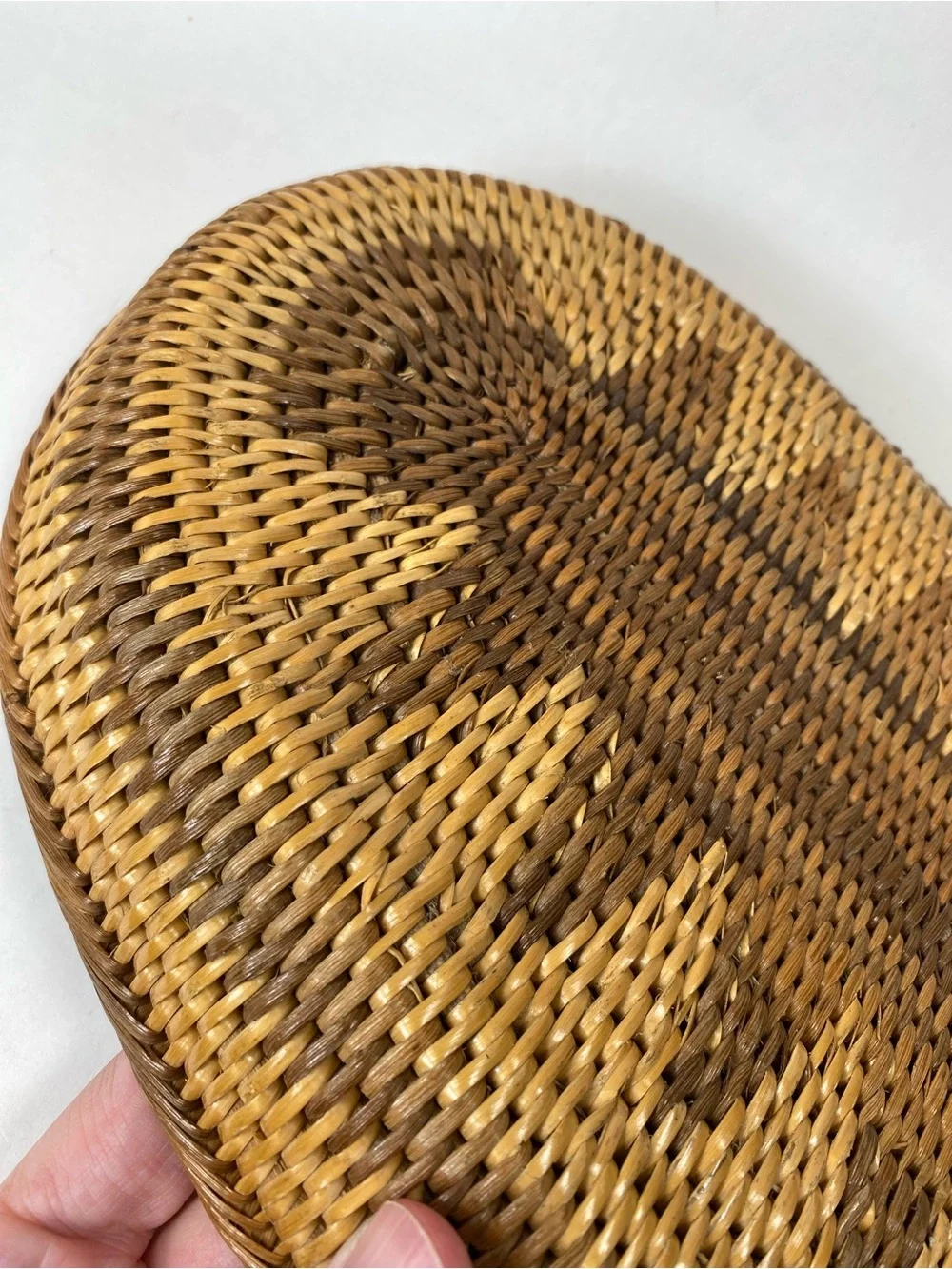 Artisan Two-Tone Hand-Woven Oval Oblong Geometric Pattern Rattan Basket Tray